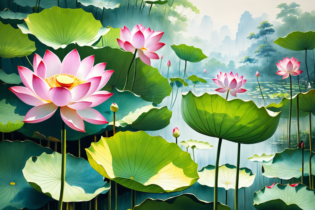 莲花池塘荷花荷叶插画图片