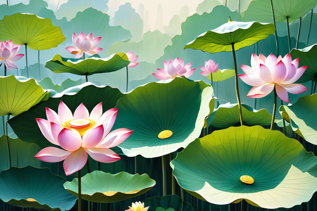 池塘荷花荷叶插画图片