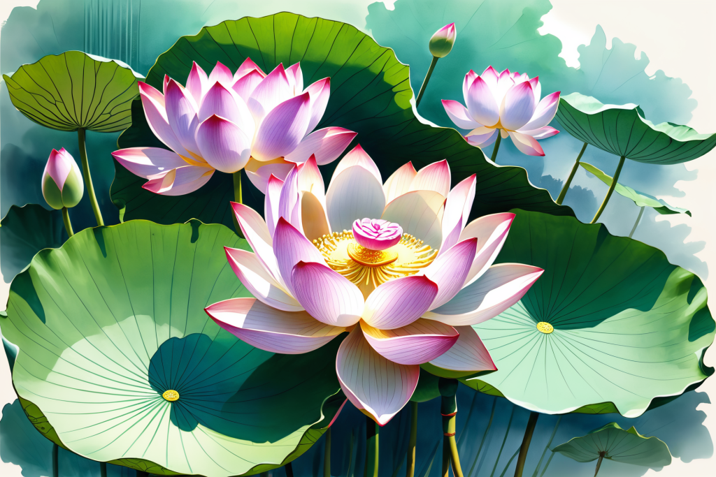 池塘荷花荷叶插画图片