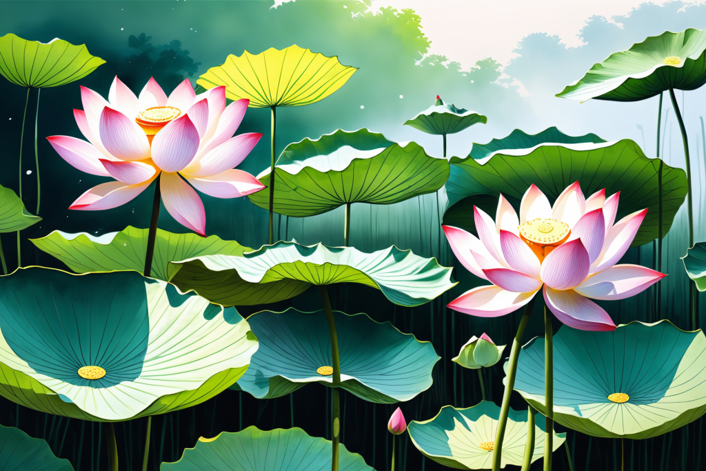池塘荷花荷叶插画图片
