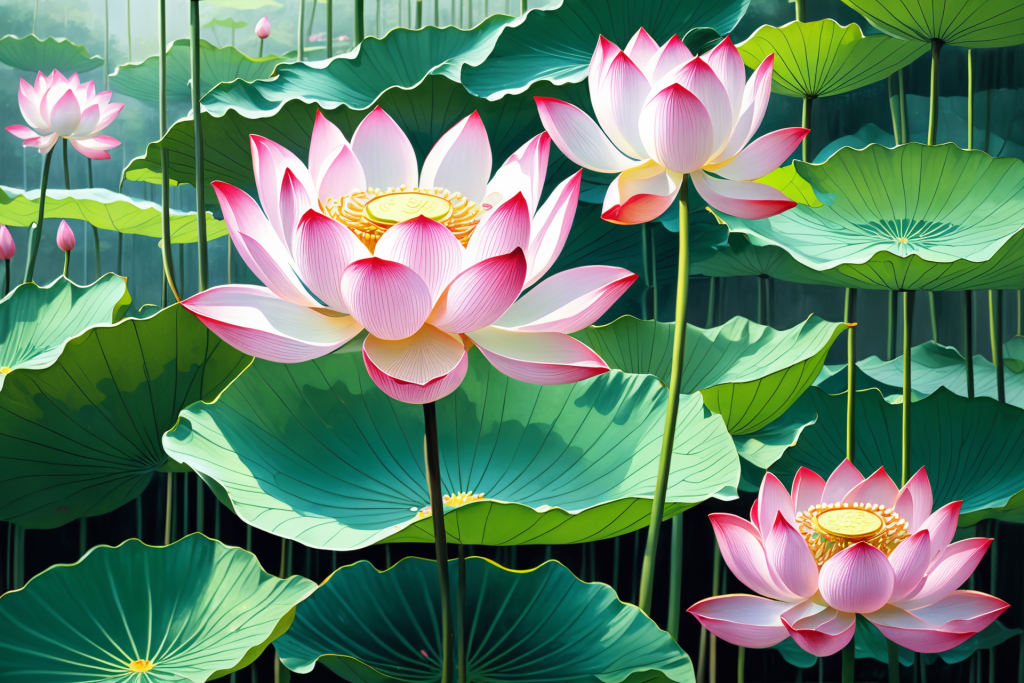 池塘荷花荷叶插画图片