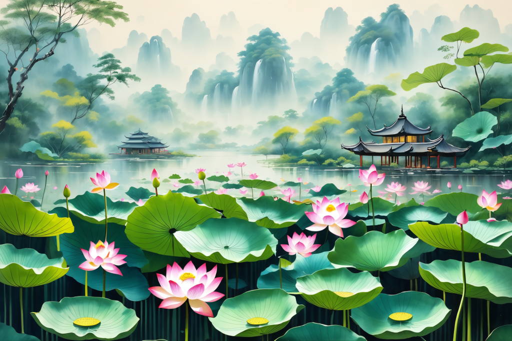 池塘荷花荷叶插画图片