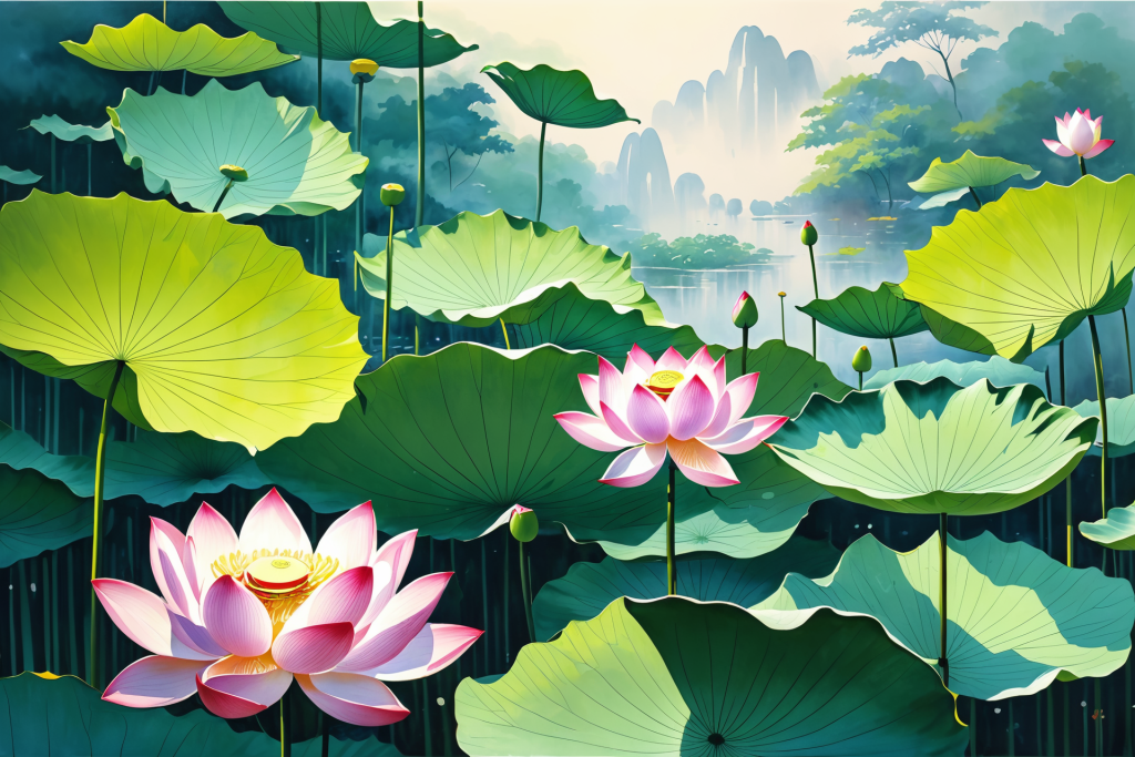 池塘荷花荷叶插画图片
