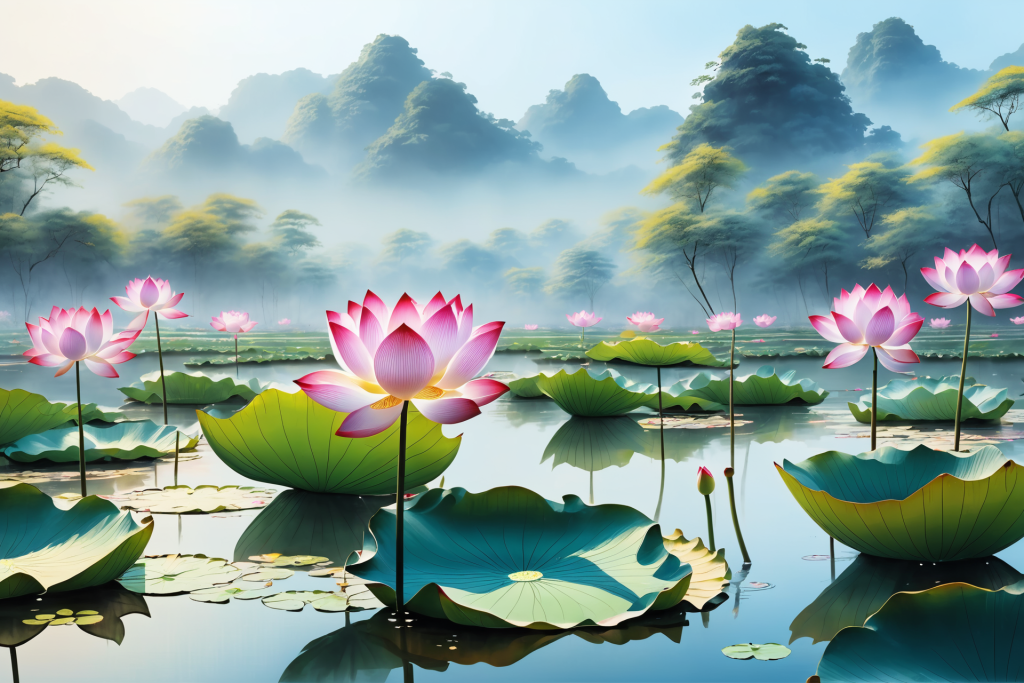 莲叶池塘荷花荷叶插画图片