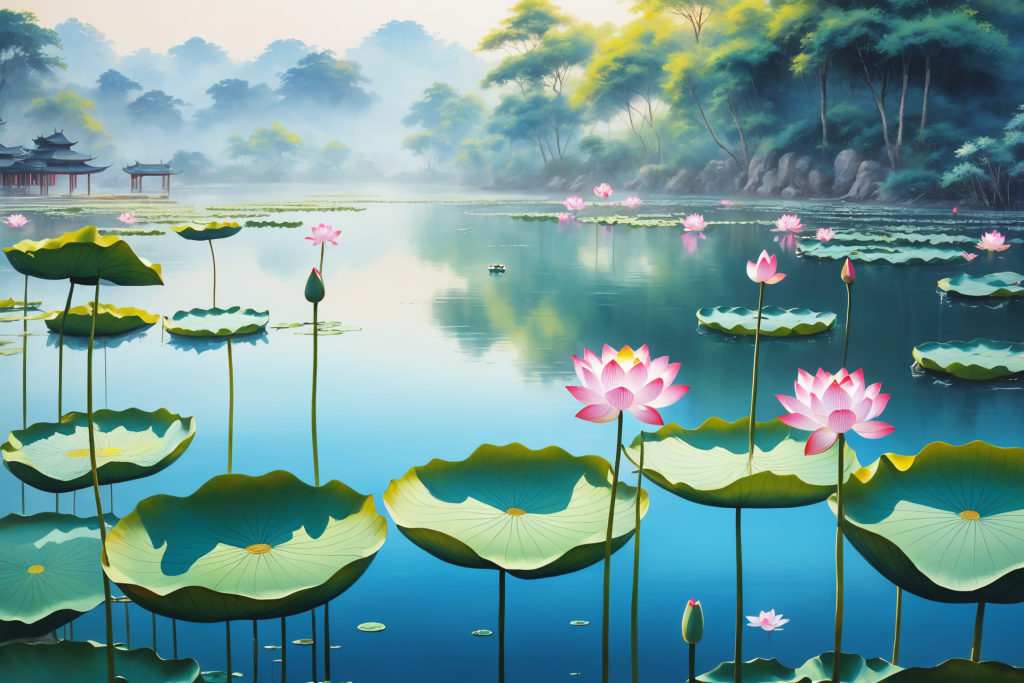 莲叶池塘荷花荷叶插画图片