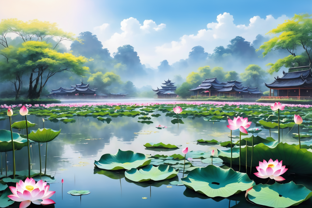 莲叶池塘荷花荷叶插画图片