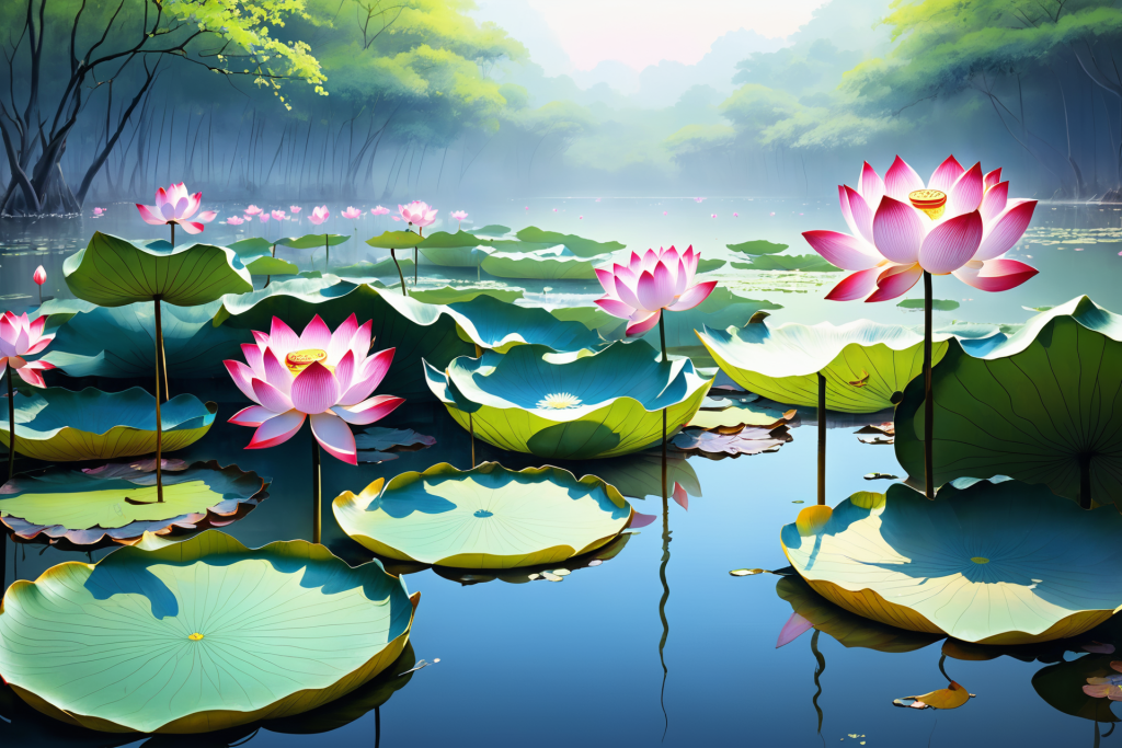 莲叶池塘荷花荷叶插画图片