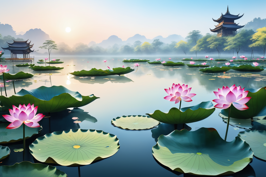 池塘荷花荷叶插画图片