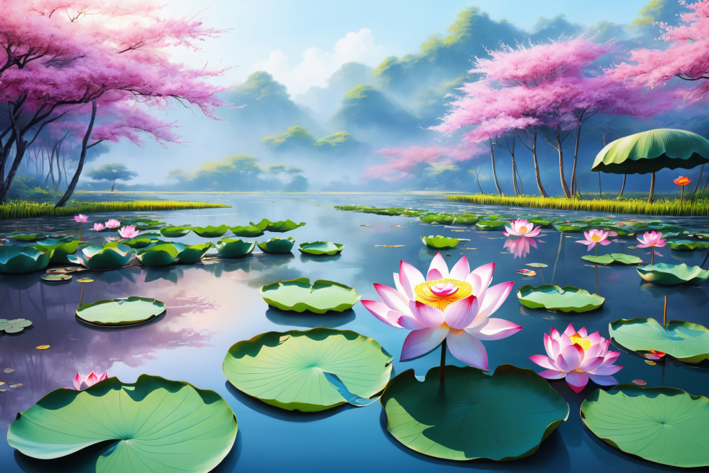 池塘荷花荷叶插画图片