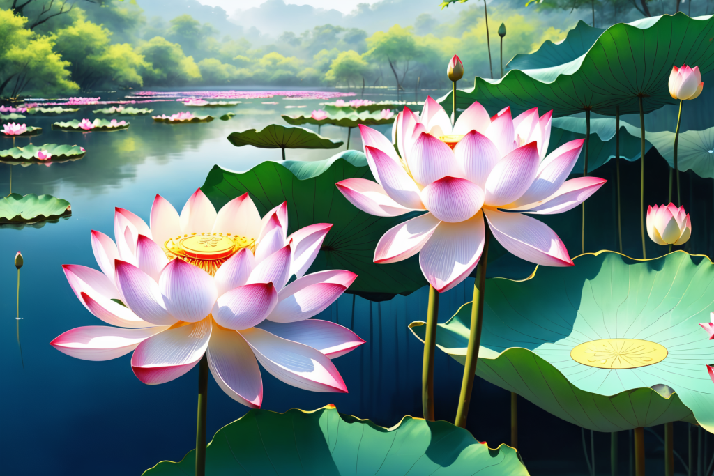 池塘荷花荷叶插画图片