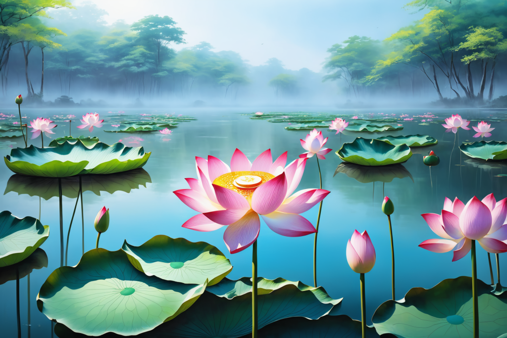 池塘荷花荷叶插画图片