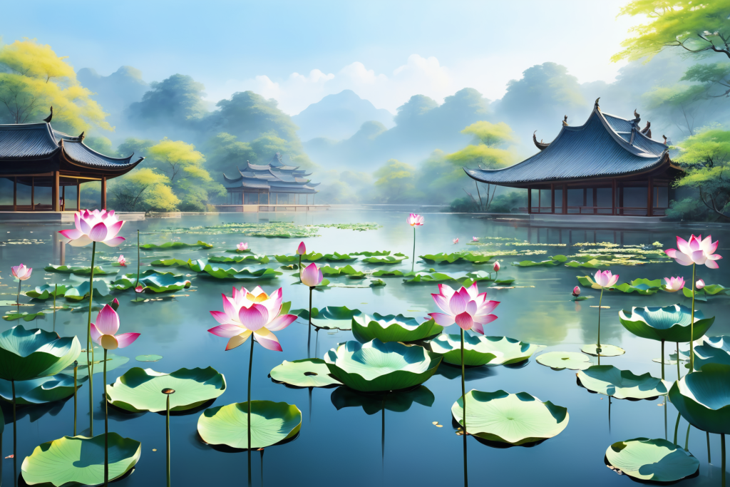 池塘荷花荷叶插画图片