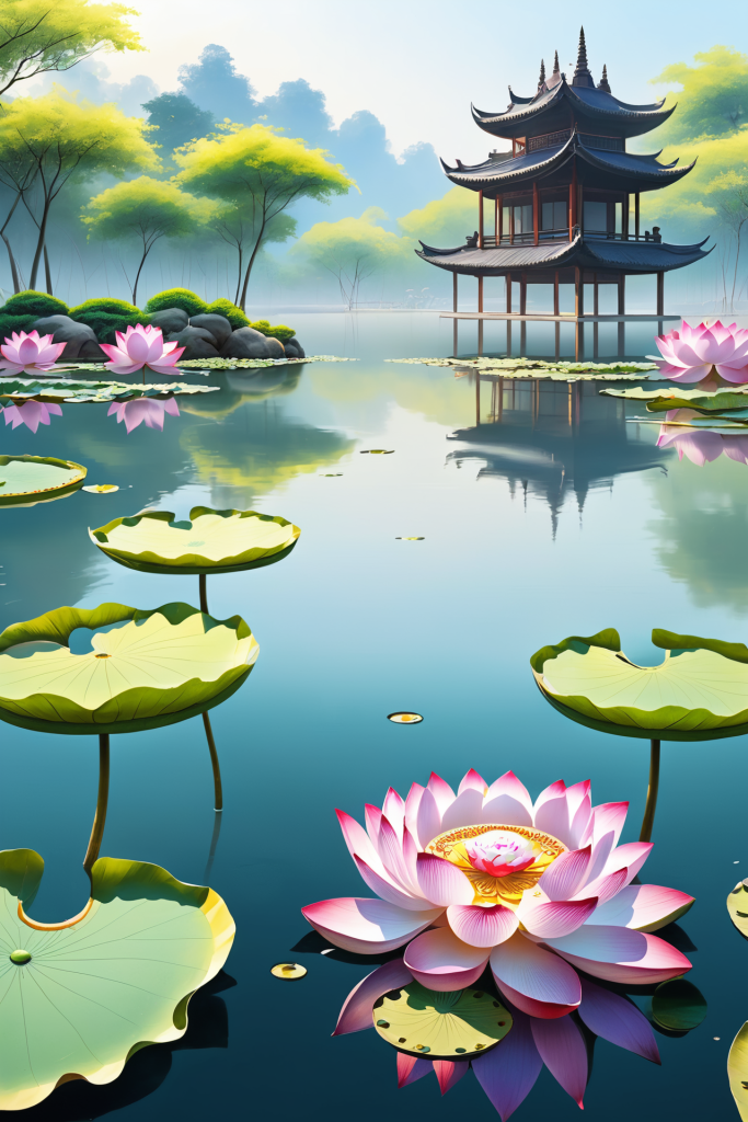 暑假湖面荷花荷叶插画图片