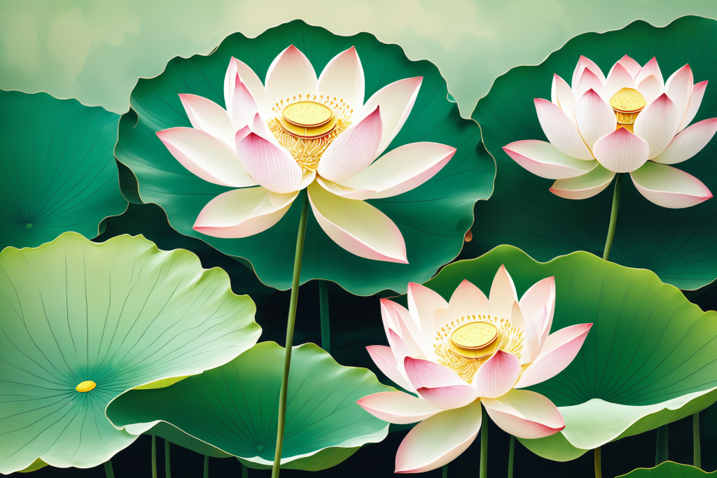 鲜艳荷花荷叶插画图片
