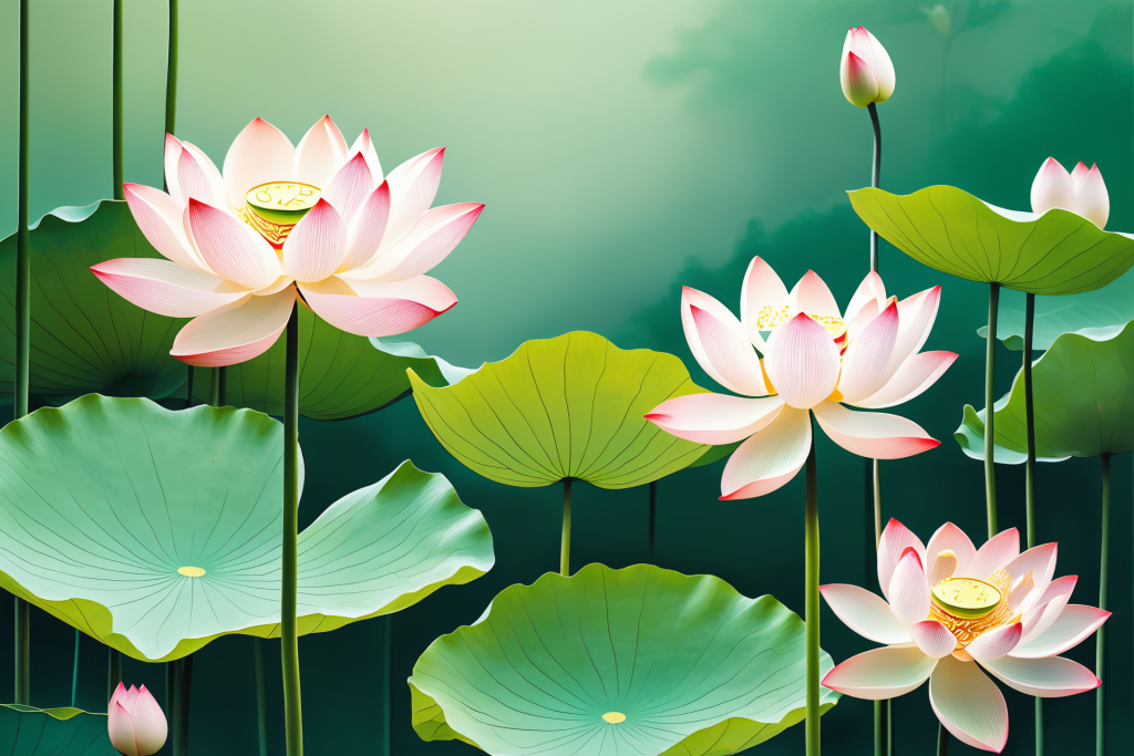 鲜艳荷花荷叶插画图片