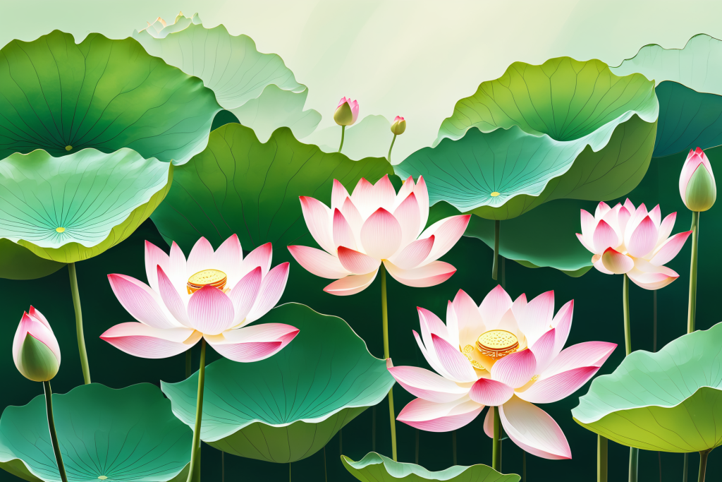 艺术画作夏日花卉荷花荷叶插画图片