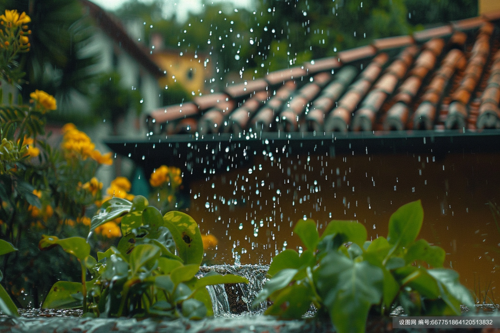 春天下雨天的屋檐素材图