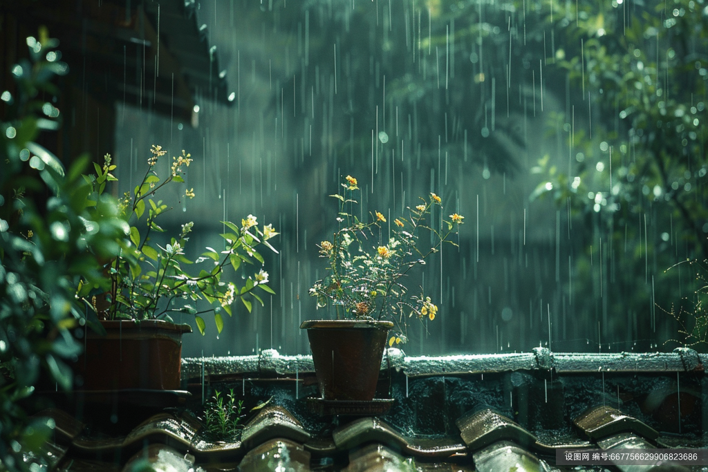 春天下雨的屋檐素材图AI图