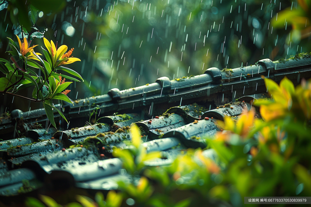 简约春天下雨的屋檐素材图