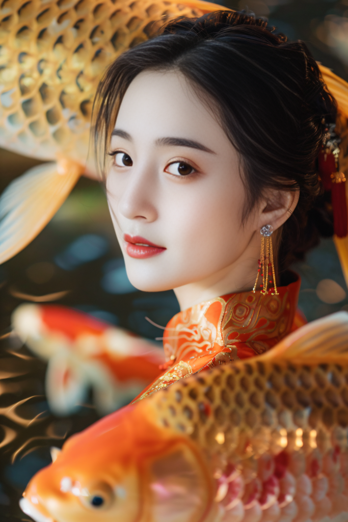 传统大气美女锦鲤人物肖像摄影图
