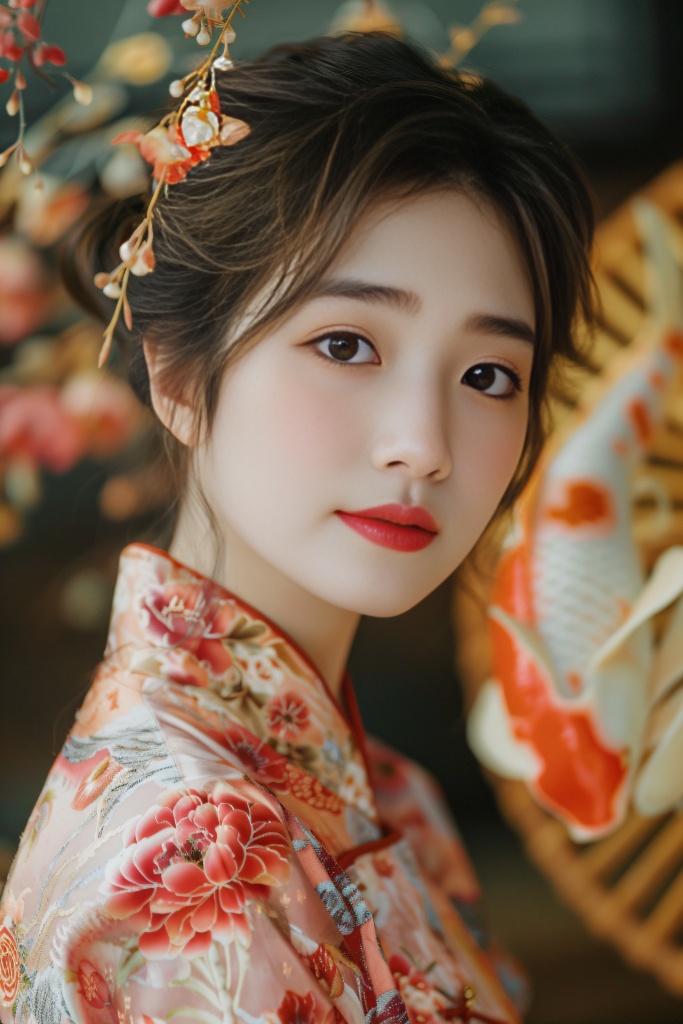 传统典雅美女锦鲤人物肖像摄影图