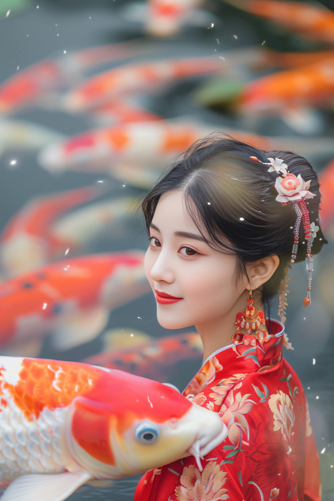 传统典雅美女锦鲤人物肖像摄影图