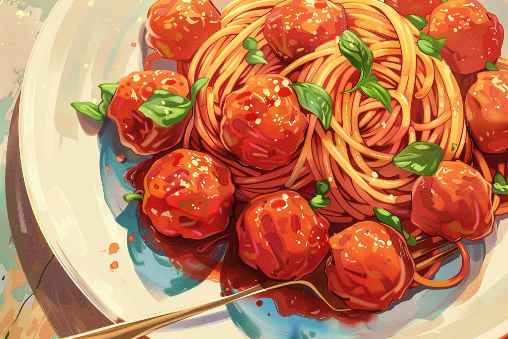 番茄意面西餐插画绘画