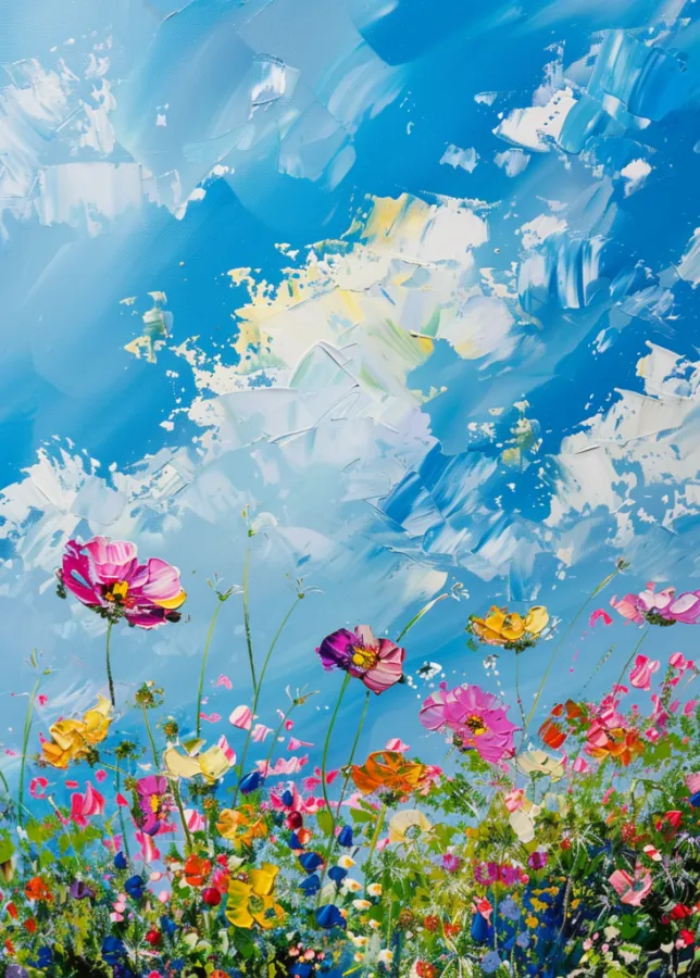 蓝天白云野花花朵油画装饰画
