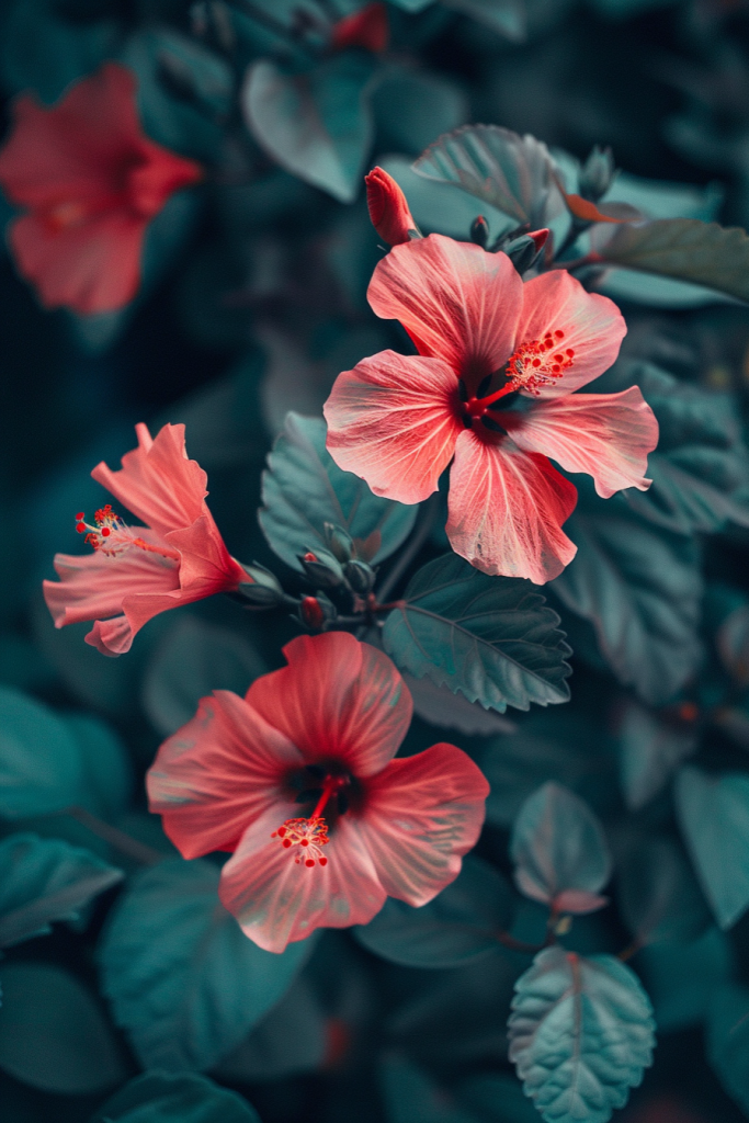 红色木槿花枝头绽放摄影图