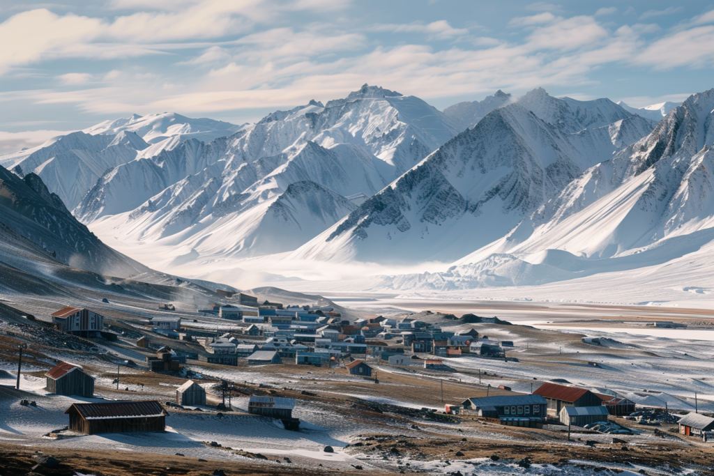 户外北欧雪山下的乡村风景摄影图片