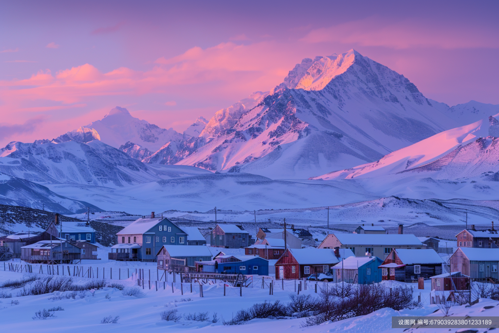 户外北欧雪山下的乡村风景摄影图片