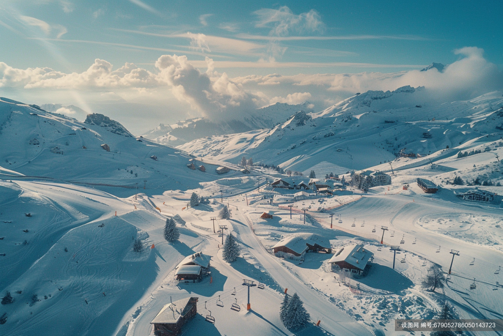 冬天山地北欧雪山下的乡村风景摄影图片