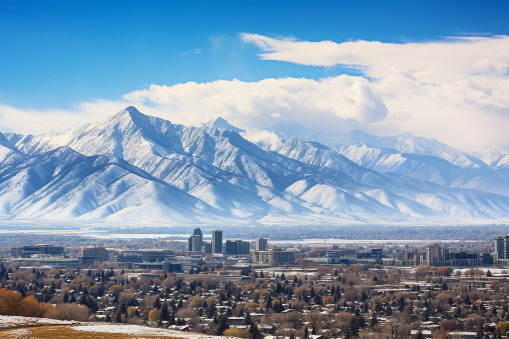 高原城市北欧雪山下的乡村风景摄影图片