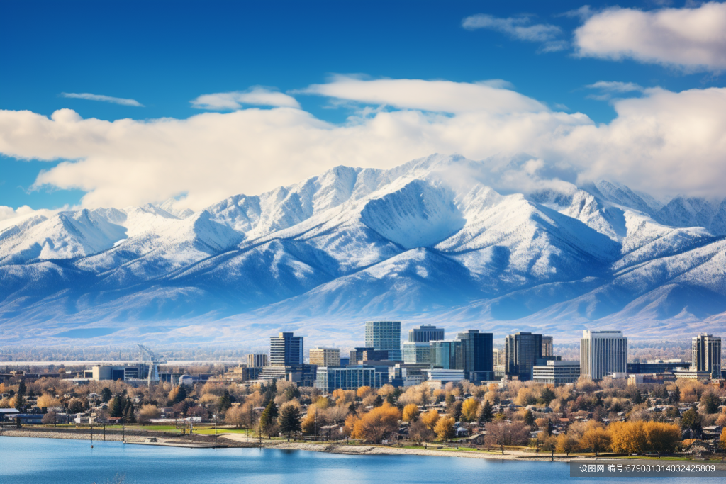 雪原城市北欧雪山下的乡村风景摄影图片