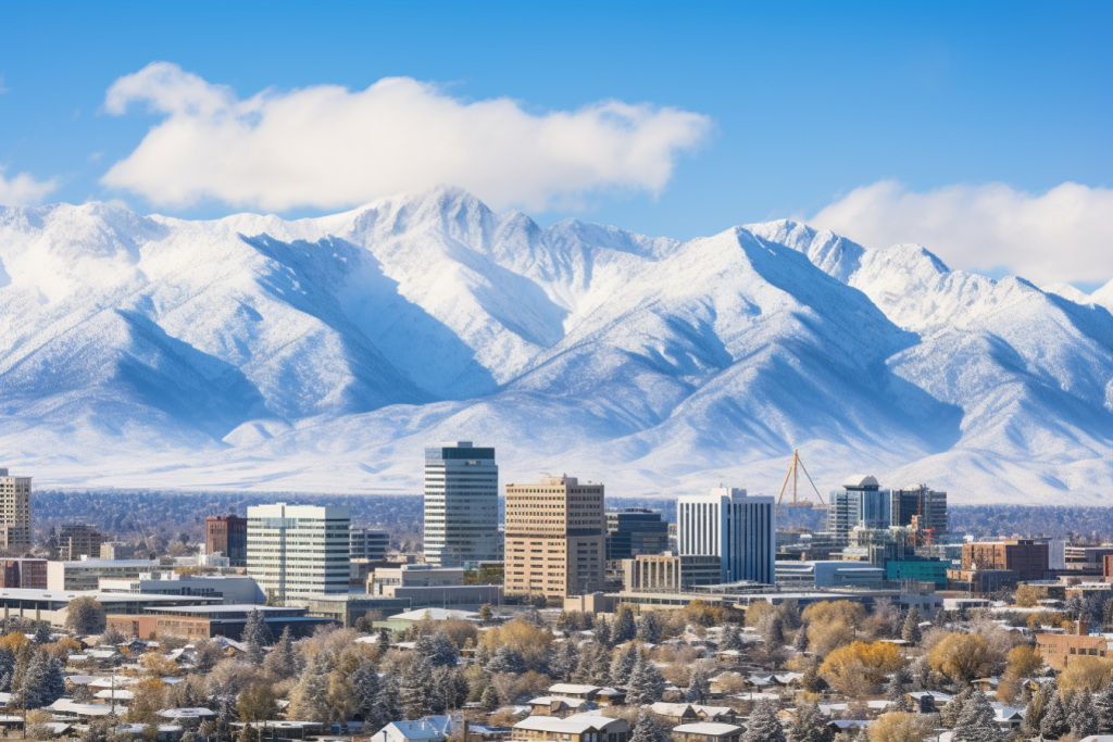 雪山城市北欧雪山下的乡村风景摄影图片
