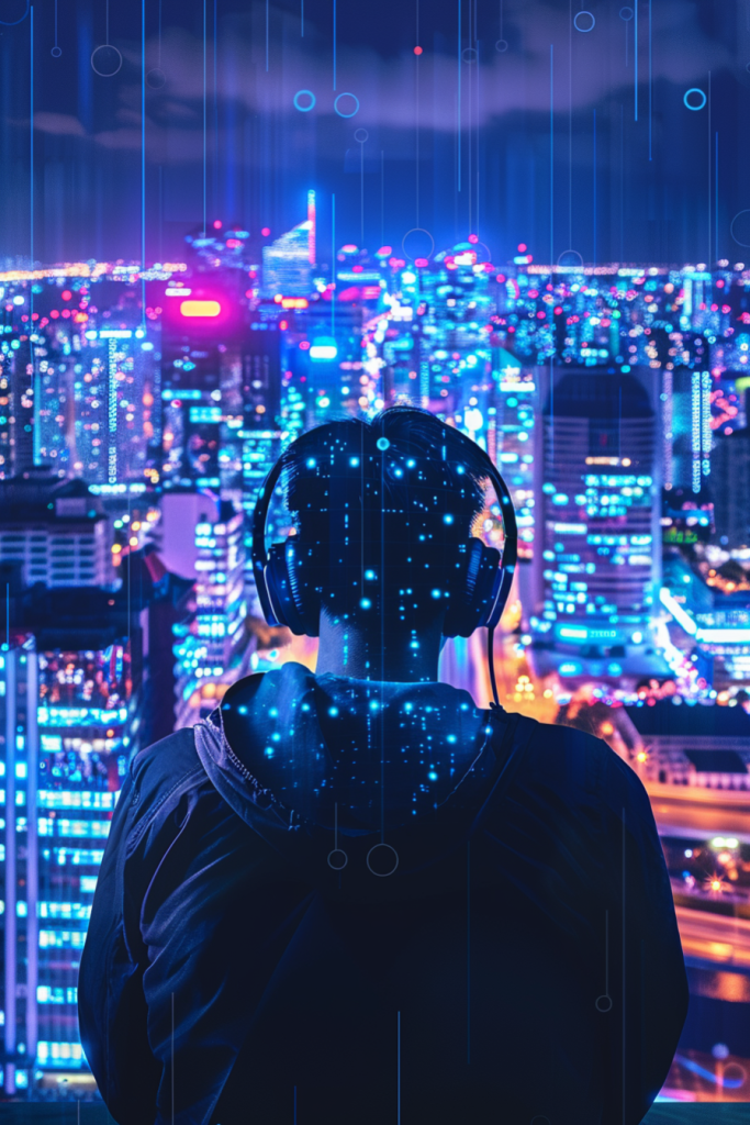 听音乐的青春青年背影