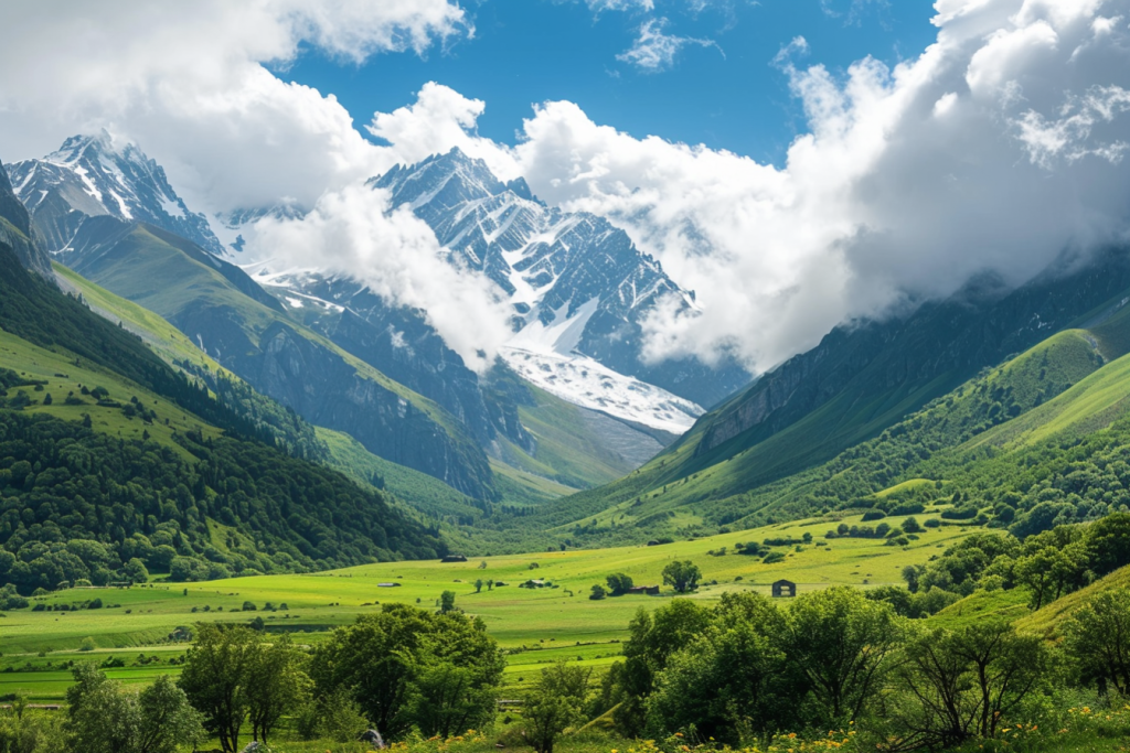 山地北欧雪山下的乡村风景摄影图片
