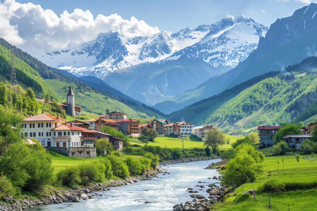 山地北欧雪山下的乡村风景摄影图片