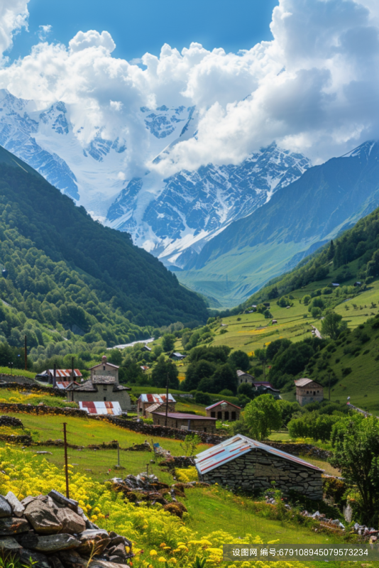 山谷北欧雪山下的乡村风景摄影图片