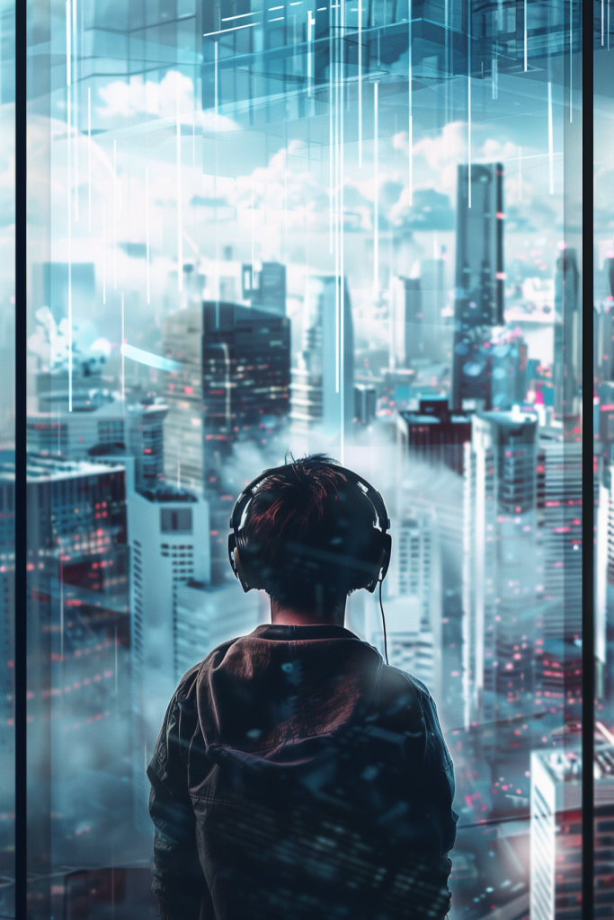 倾听音乐的潮酷青年背影