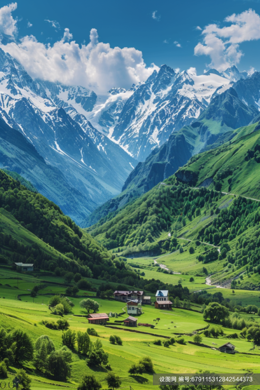 美丽山谷北欧雪山下的乡村风景摄影图片