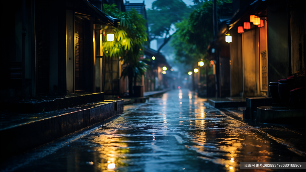 江南夜景灯笼古镇国风雨