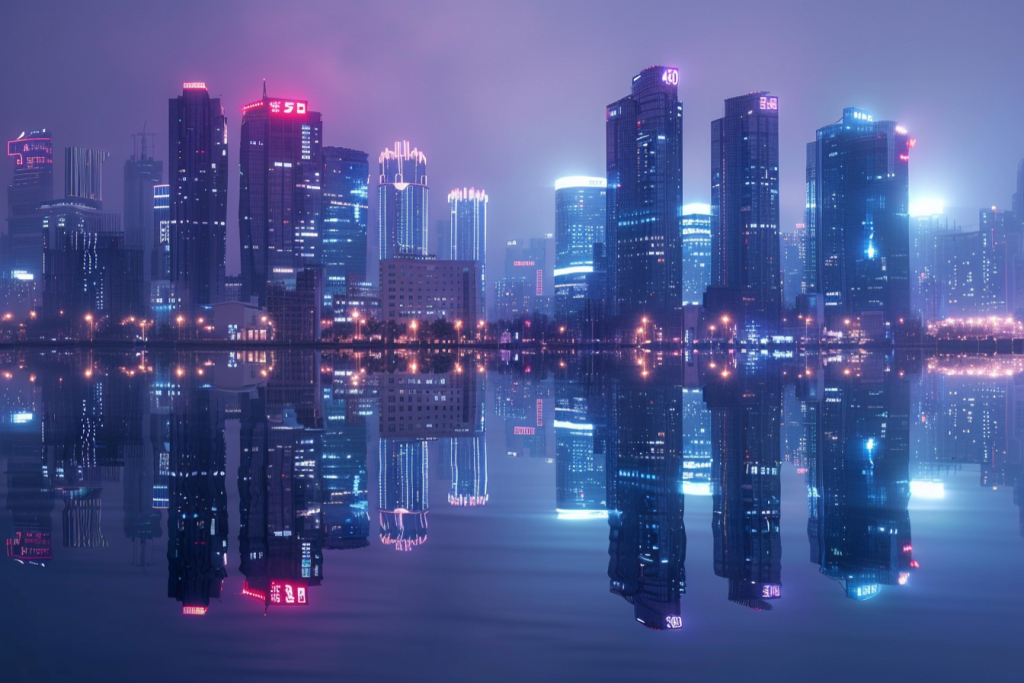 海湾城市高楼建筑夜景摄影图