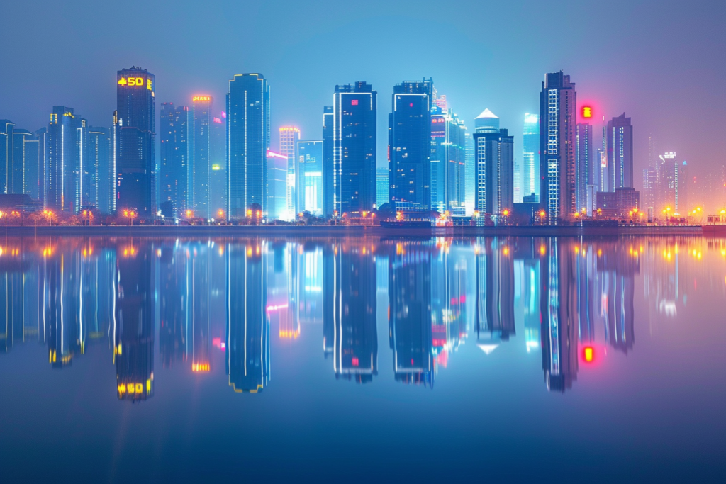 城市夜景下的高楼摄影图