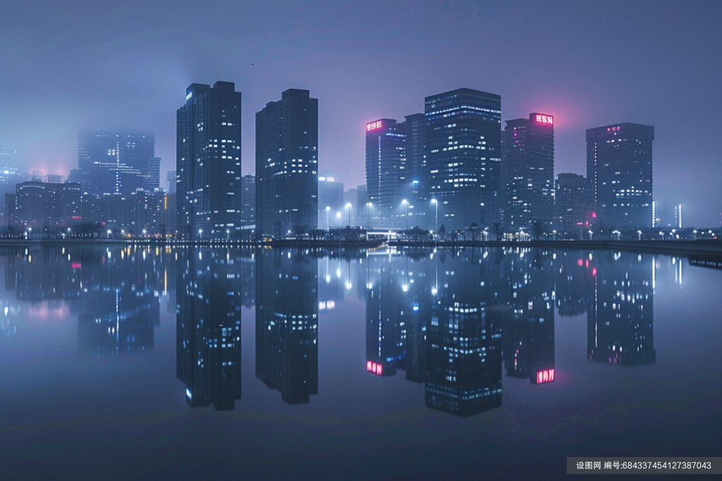 海滨城市高楼大厦夜景摄影图