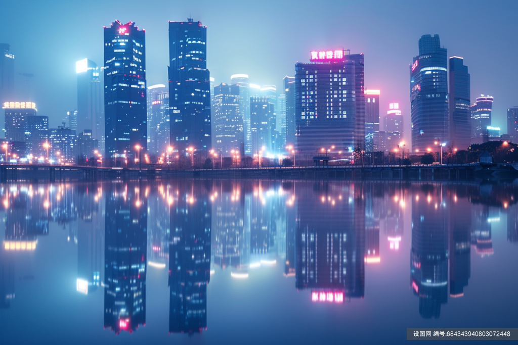 海滨城市高楼外观夜景摄影图