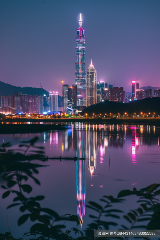 滨海城市高楼外观夜景