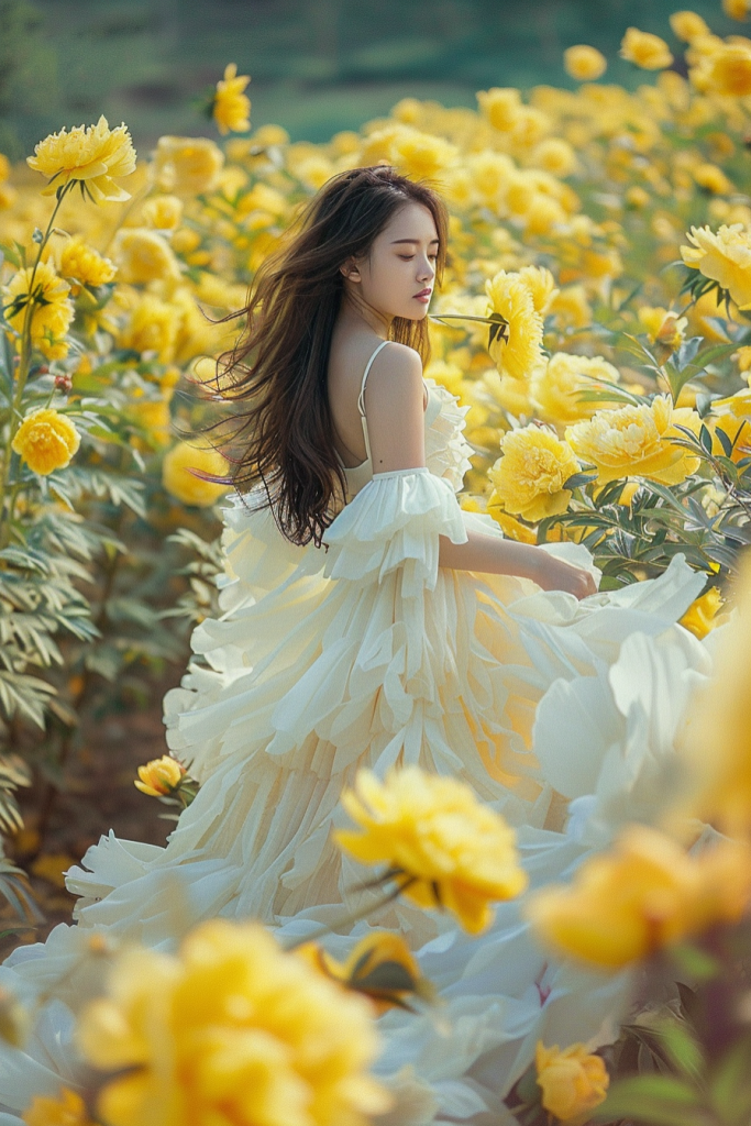 花丛中的俏皮女生
