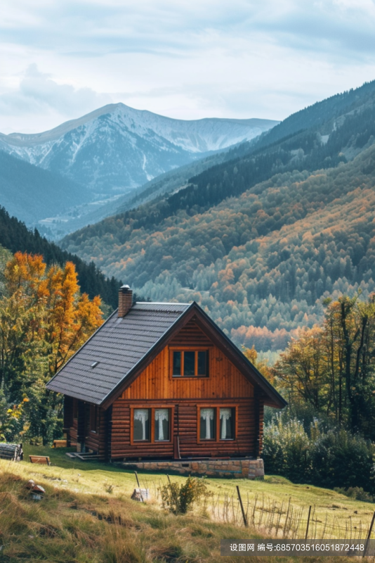 森林的小木屋自然风景摄影图