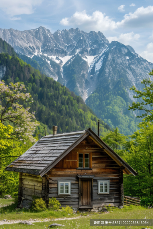 山间的小屋自然风景摄影图